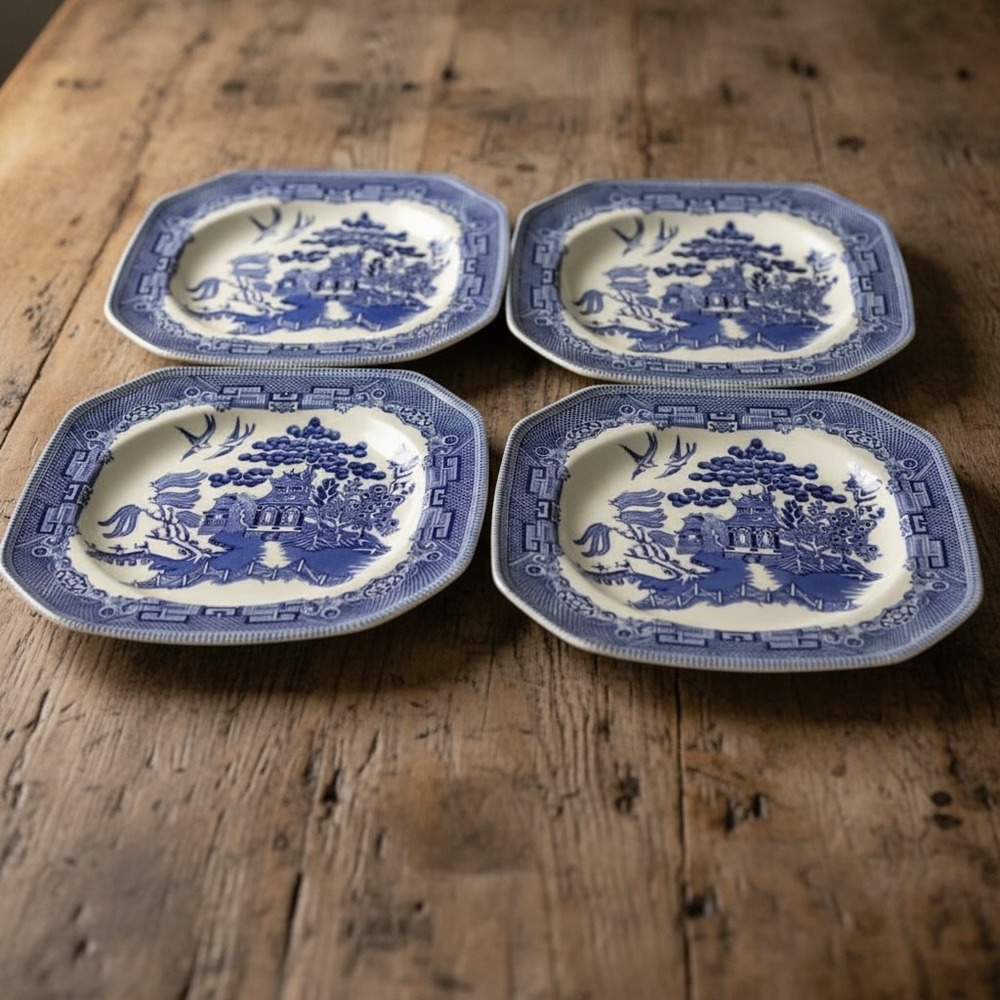 Set of 4 Johnson Bros Blue Willow Square Salad Plates 7.75" Porcelain~England